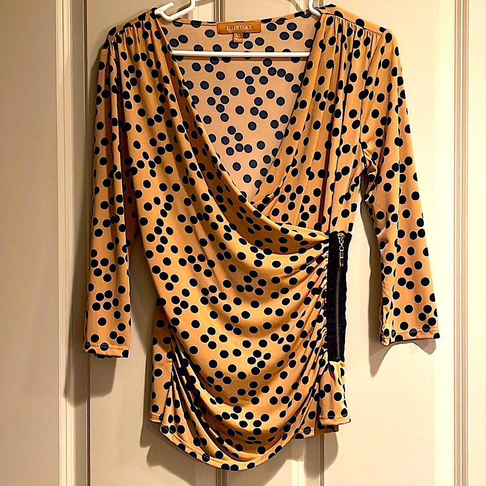 Deep V-Neck Wrap Blouse Top - Tan & Black Polka Dot with Black & Gold Zipper XS